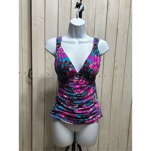 Lily Pulitzer Blue Pink Ruched Tummy Control Swim Top Size 2 - Picture 11 of 11